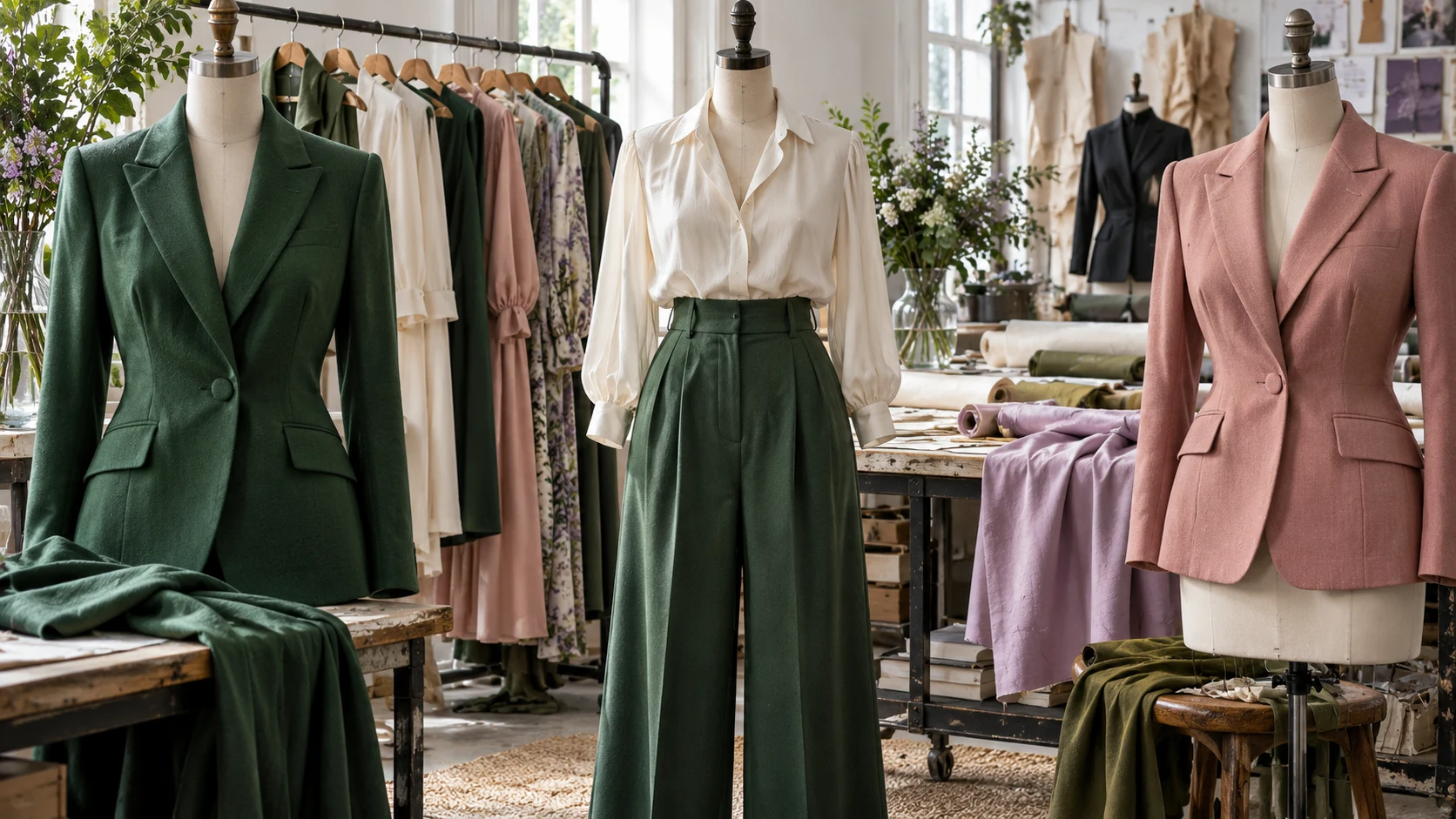 Illustrative fashion atelier with green tailoring, a white blouse, and a rose jacket across the full scene