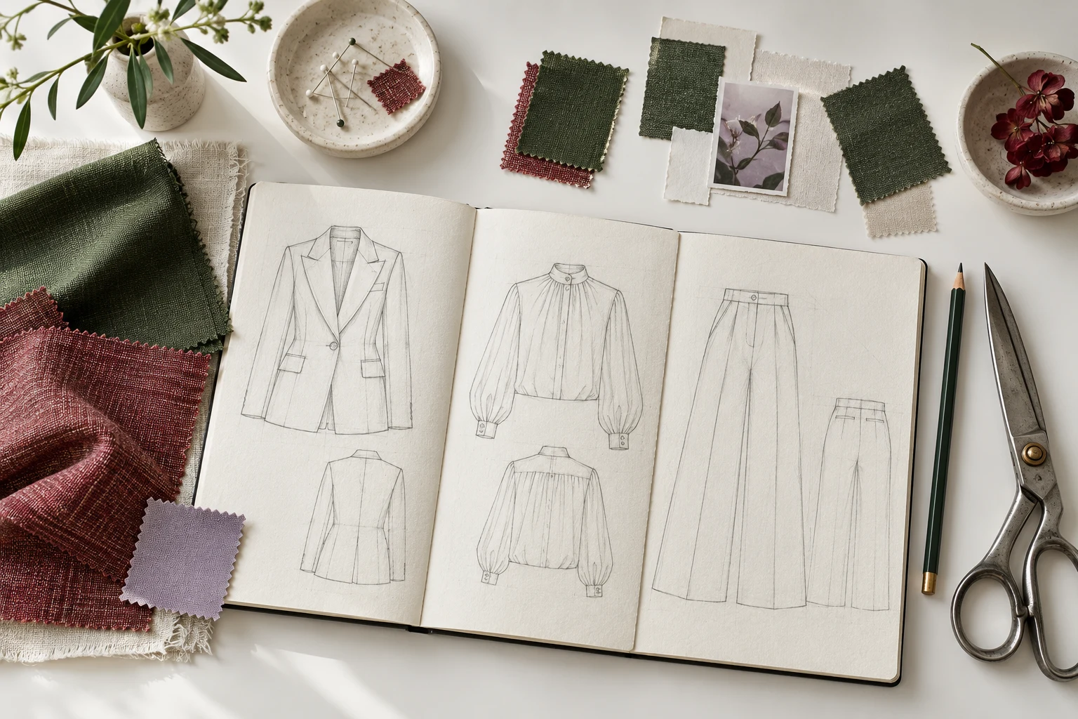 Fashion illustrations, sewing patterns, and scissors beside fabric