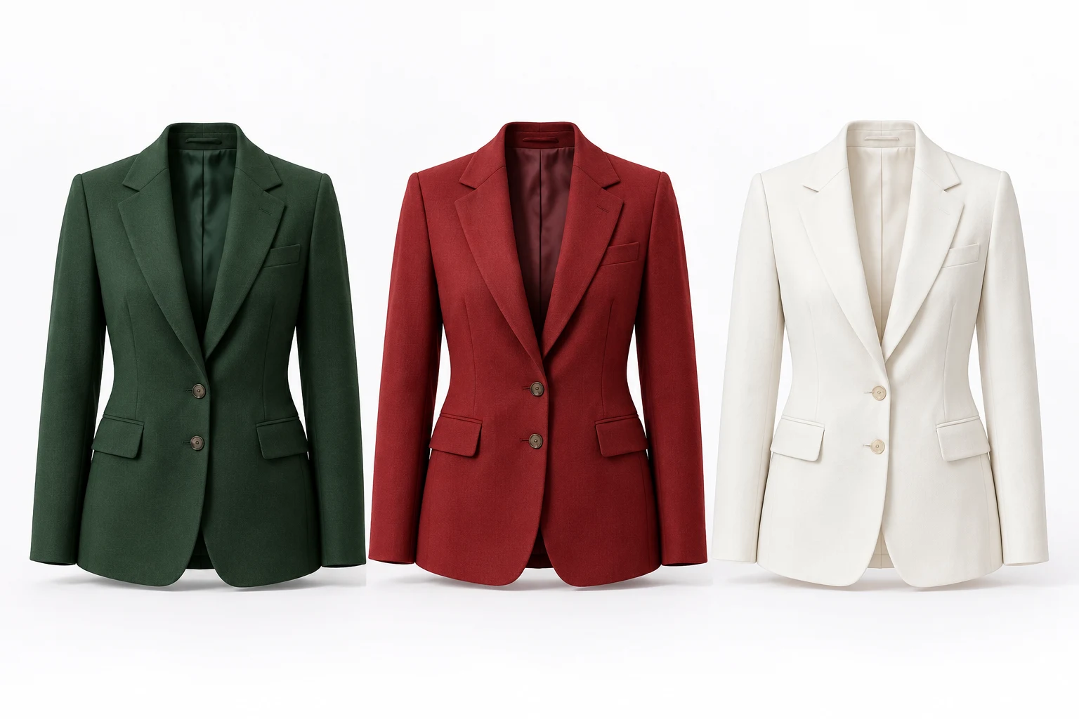 Illustrative matching tailored jackets in green, cherry red, and chalk white