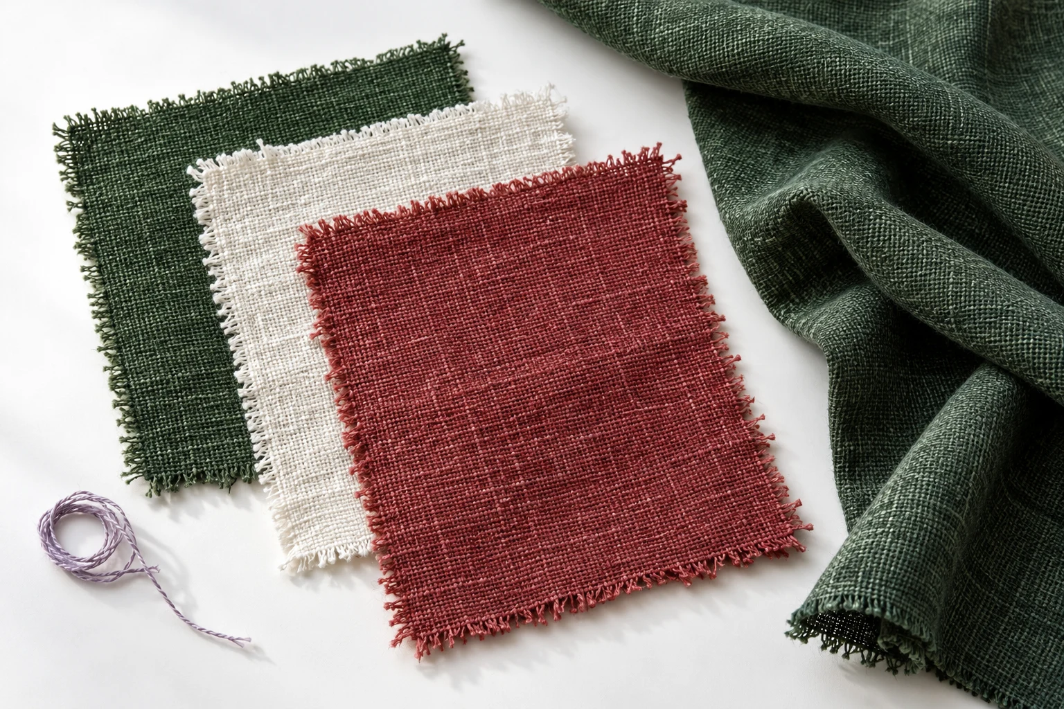 Illustrative green, cherry, and white woven fabric swatches with visible fibres